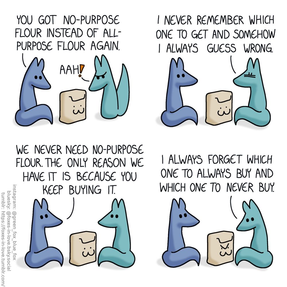 A comic of two foxes, one of whom is blue, the other is green. In this one, Blue and Green are looking at a package of flour which is sitting between them. Blue looks only mildly disappointed, while Green glares at it with anger.
Blue: You got no-purpose flour instead of all-purpose flour again.
Green: Aah!

Blue looks calmly at Green as Green frowns in frustration.
Green: I never remember which one to get and somehow I always guess wrong.
Blue: We never need no-purpose flour. The only reason we have it is because you keep buying it.

Green turns his gaze back to the bag of no-purpose flour, looking at it with disappointment. The flour bag seems somehow amused by being an inconvenience.
Green: I always forget which one to always buy and which one to never buy.