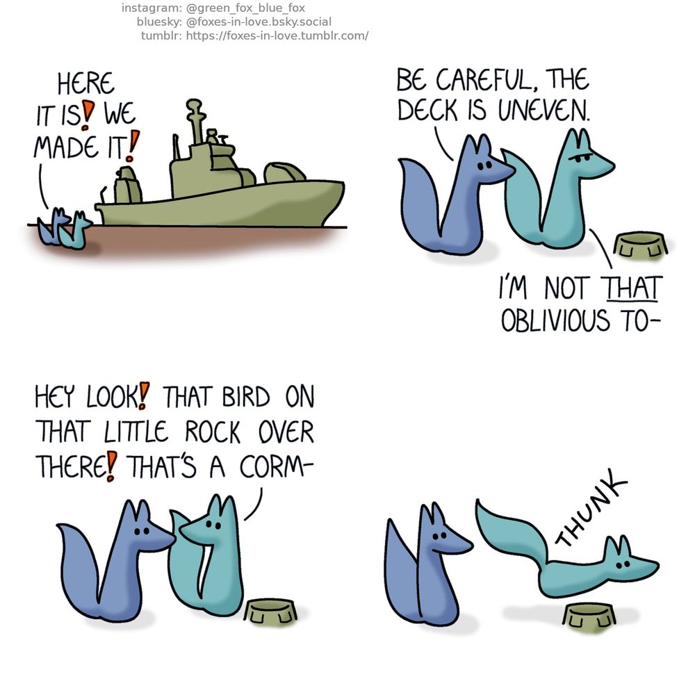 A comic of two foxes, one of whom is blue, the other is green. In this one, Blue and Green are standing at a shipyard, looking at a big, fine boat.
Blue: Here it is! We made it!

Walking on the deck, Blue and Green are approaching an obstacle. Blue looks at Green with caution, while Green frowns.
Blue: Be careful, the deck is uneven.
Green: I'm not that oblivious to-

Spotting something completely different behind them, Green turns his head to look at it, while both are still walking.
Green: Hey look! That bird on that little rock over there! That's a corm-

Green trips on the obstacle that has been right in front of the foxes the whole time that they have been slowly approaching it.