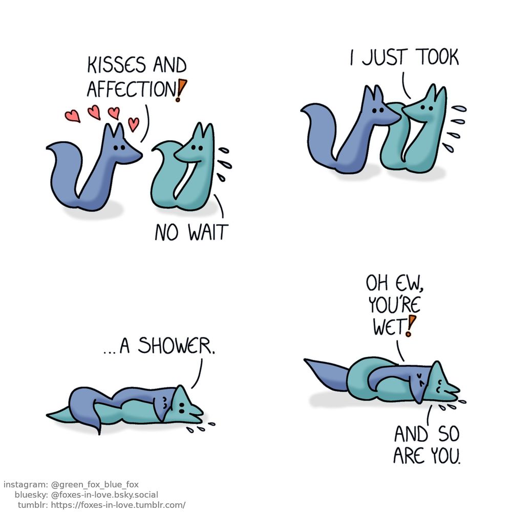 A comic of two foxes, one of whom is blue, the other is green. In this one, Blue approaches Green full of love and enthusiasm. Green leans back, with water droplets falling from him.
Blue: Kisses and affection!
Green: No wait

Unyielding, Blue comes closer
Green: I just took

Blue successfully tackles Green to the ground, laying on top of him while beaming with joy. Green is still dripping water.
Green: ...A shower.

Blue squeezes his eyes shut, trying to wiggle away as Green wraps his tail around him, foiling any attempts to escape.
Blue: Oh ew, you're wet!
Green: And so are you.
