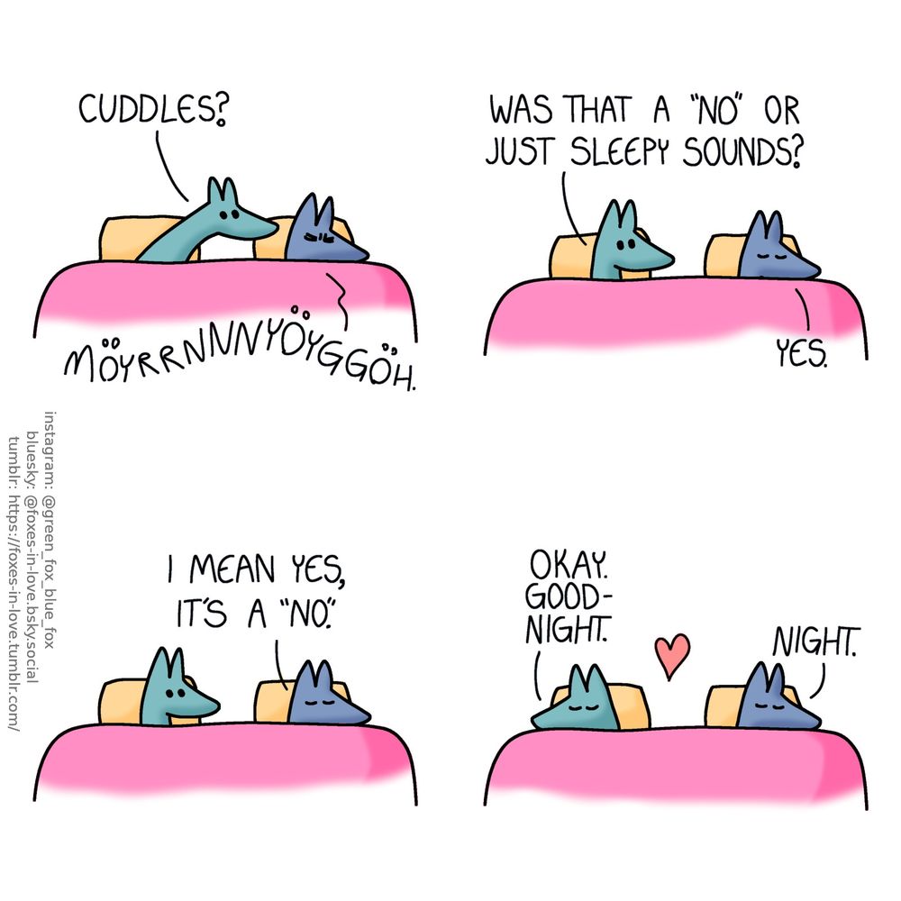 A comic of two foxes, one of whom is blue, the other is green. In this one, Blue and Green are in bed. Green reaches eagerly towards Blue's side of the bed, while Blue squints his eyes tighter shut and lets out a wordless groan.
Green: Cuddles?
Blue: Möyrrnnnyöyggöh.

Green draws back to his own side of the bed.
Green: Was that a "no" or just sleepy sounds?"
Blue: Yes. I mean yes, it's a "no".

Content with the answer, Green turns around and curls up to sleep on his own side of the bed.
Green: Okay. Goodnight.
Blue: Night.
