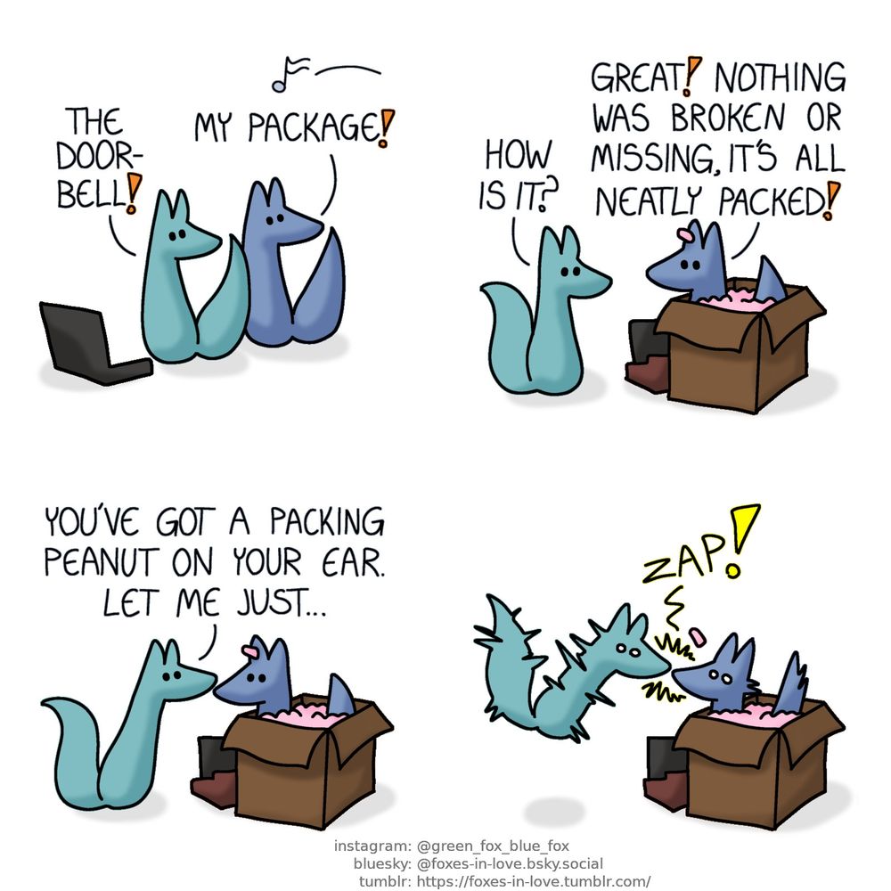 A comic of two foxes, one of whom is blue, the other is green. In this one, Blue and Green are sitting in front of a laptop as they hear a bell chime. Both foxes turn to look to the direction of the sound in delight.
Green: The doorbell!
Blue: My package!

Soon, Blue has opened the package and unloaded everything on the floor, personally sitting within the cardboard box the delivery came in, bathing in packing peanuts.
Green: How is it?
Blue: Great! Nothing was broken or missing, it's all neatly packed!

Green reaches gently towards blue.
Green: You've got a packing peanut on your ear. Let me just...

Green jumps into the air in startled shock, both foxes jolting with their eyes wide as a zap of static electricity snaps between them.