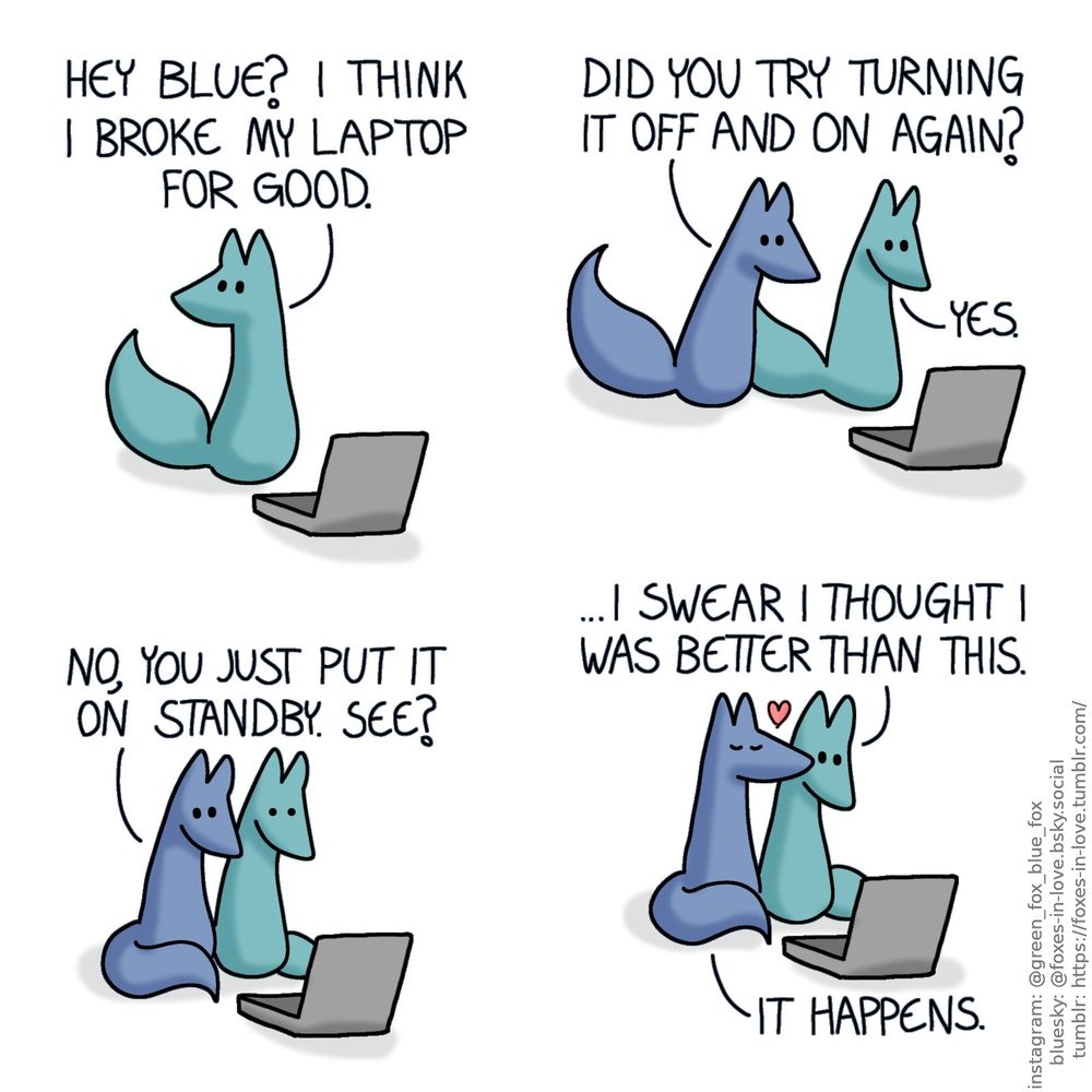 A comic of two foxes, one of whom is blue, the other is green. In this one, Green is sitting in front of a laptop, turning to look at Blue, who is outside of the panel.
Green: Hey Blue? I think I broke my laptop for good.

Blue arrives at the scene, looking at the screen keenly with Green.
Blue: Did you try turning it off and on again?
Green: Yes.

Blue takes a closer look at the computer, while Green freezes in mortified silence.
Blue: No, you just put it on standby. See?

Green still looks at the screen, stunned and embarrassed, as Blue kisses him on the cheek.
Green: ...I swear I thought was better than this.
Blue: It happens.