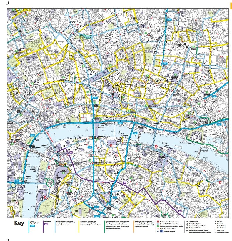 Extract of map 1 for central London, showing the earliest CS3, CS6 and CS7 cycleways in thick blue lines. 