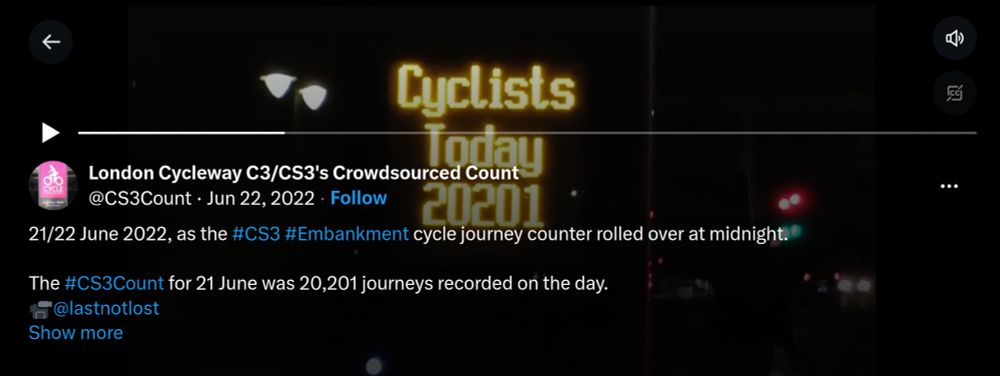 Shot of an X post of the CS3Count account reporting 20,201 cycle journeys on 21 June 22 with a background picture of the counter's electronic display as it clocked over at midnight 