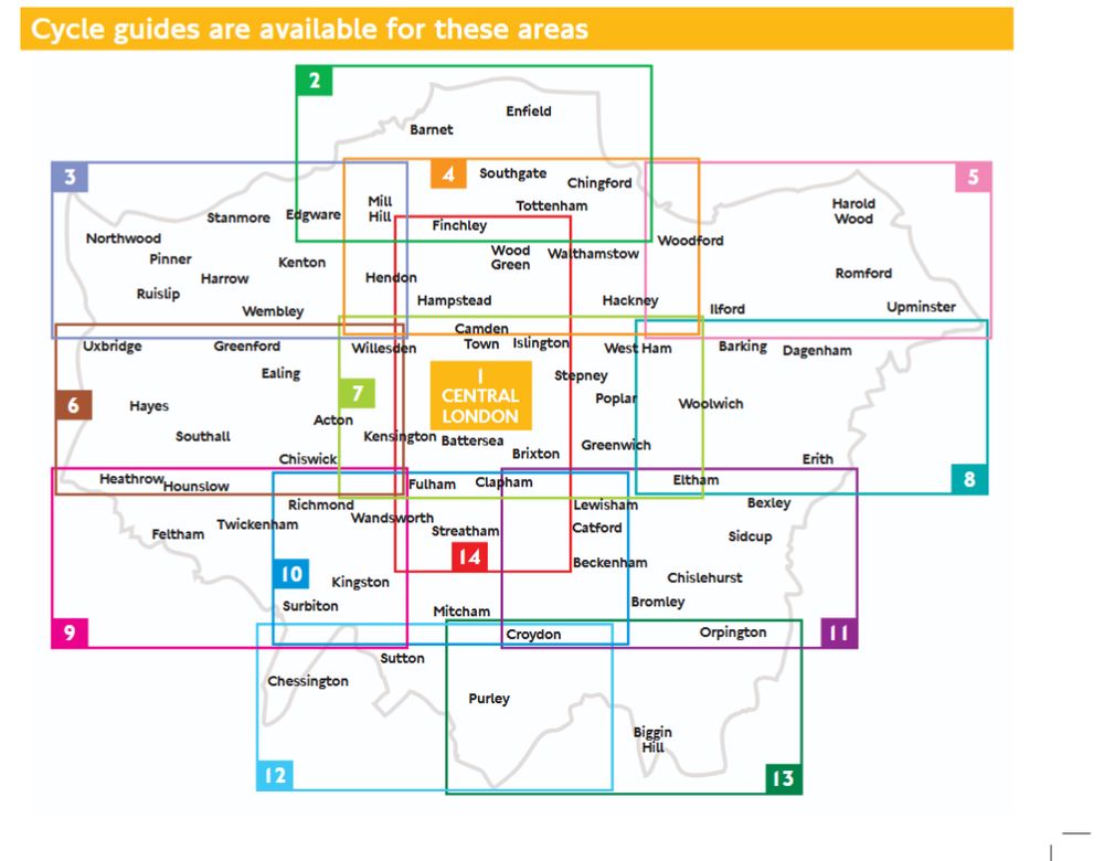 picture of how the 14 maps overlap to cover all of the Greater London area, with map number 1 being central London 
