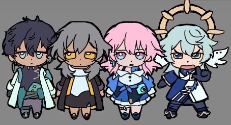 from left to right: poorly drawn figures of dan heng, stelle, march 7th, and sunday honkai starrail. i play with them like touys. if ur reading this n ur trans ily+ stay alive 