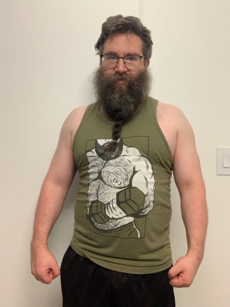 Regev workout, week 2, after back and shoulder workout, front, with green tank top 
