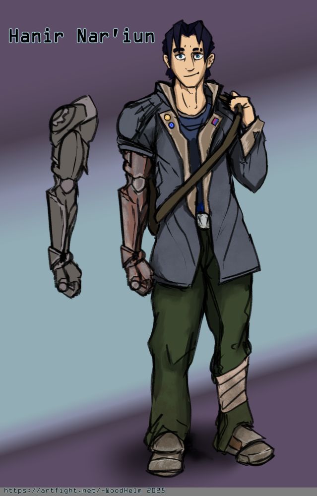 A guy standing before the pov, holding a strap of a bag(?) His empty hand appears to be prosthetic, as is the entirety of his arm, a fully visible copy of said arm with its original colours as his has a form of patina.

He has three pins on his jacket flaps, two on his right, upper is yellow with a cross hair upon it, the lower is blue with a shield, the pin on the other side is Red, Purple and Blue, a Bi flag, though he himself isn't outrightly aware, though that would not change his feelings on it as he is more than likley Bi anyway.