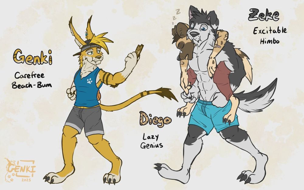 Genki is a carefree and laid-back beach-bum who is always finding something to snack on. He gets along with everyone, but likes to spend his time around Kolair, Zeke, and Jeick.

Diego is probably the smartest of the group, but you wouldn't know it since he's sleeping most of the time. Surprisingly, his best friends are Zeke and Auggie.

Zeke is a big excitable guy with a heart of gold. He usually just goes along with whatever the others are doing. Diego and Auggie are his best friends.