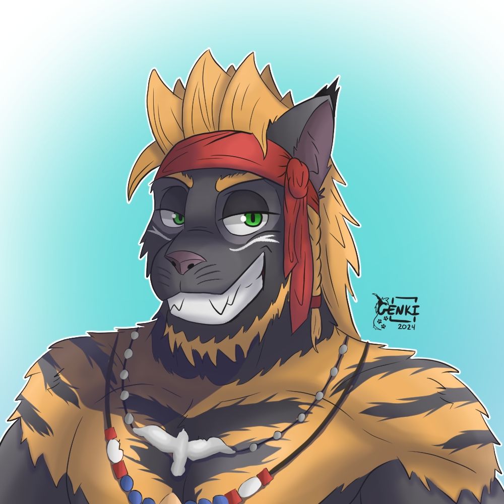 A dark skinned hrothgar from the shoulders up, with yellow hair and yellow fur on his shoulders and chest. He's wearing a red bandana and is wearing two bead-like necklaces. Done as a fanart of a friend's FFXIV character!