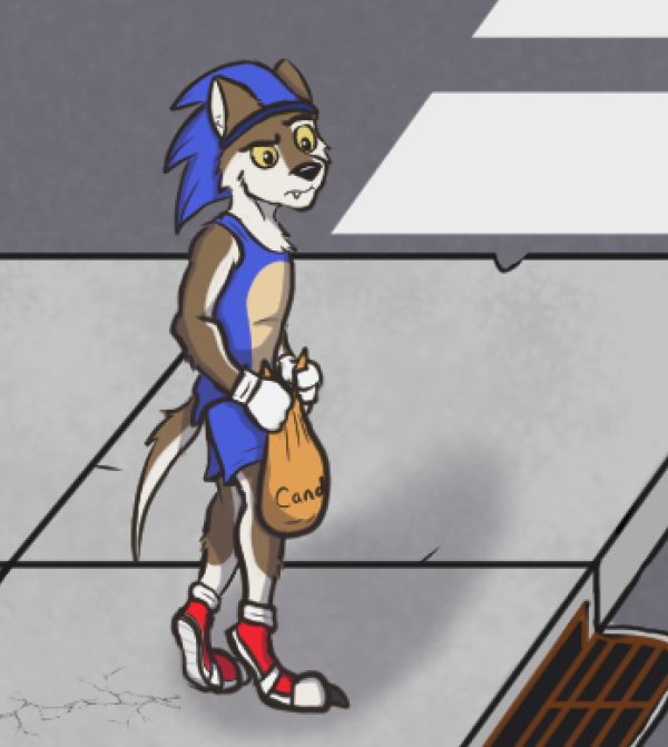 A coyote child dressed as Sonic the Hedgehog, carrying a candy bag.