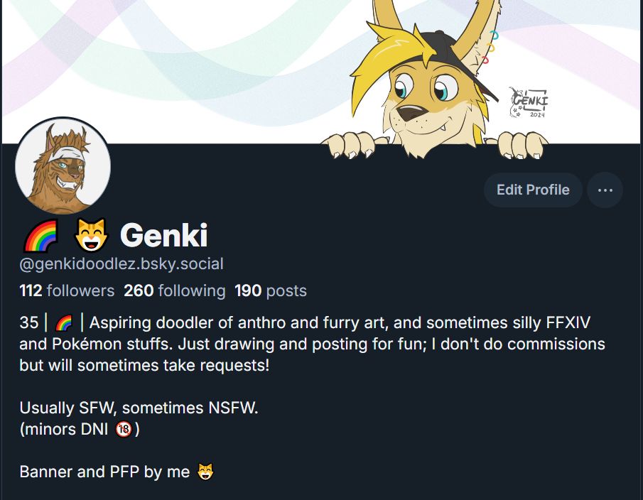 A screenshot of my profile page, where the top banner art depicts Genki hanging on the frame and looking down at the page with a grin.