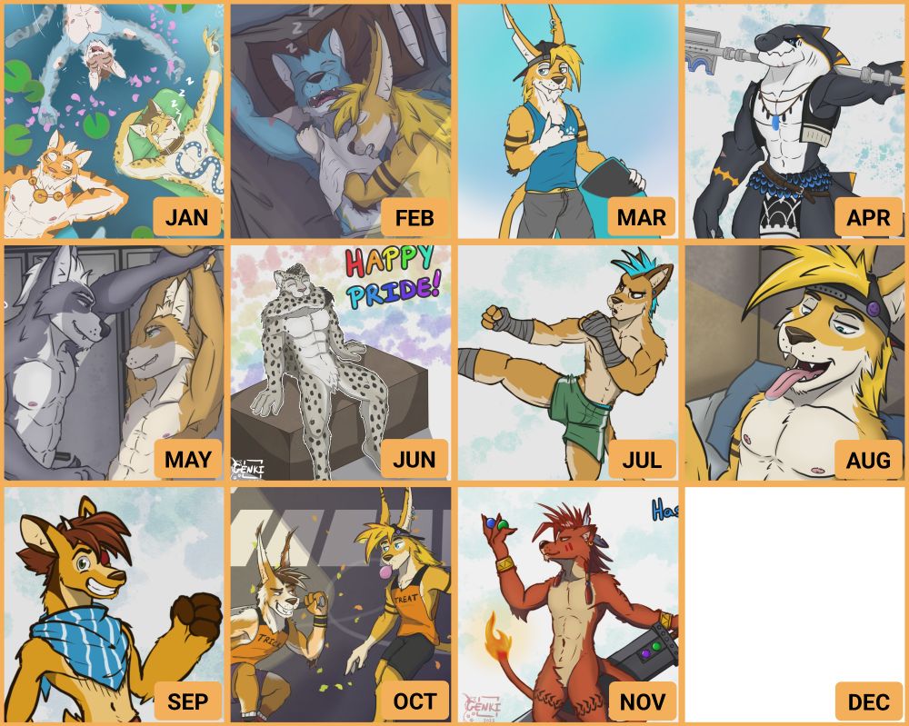 11 different drawings, arranged by month.