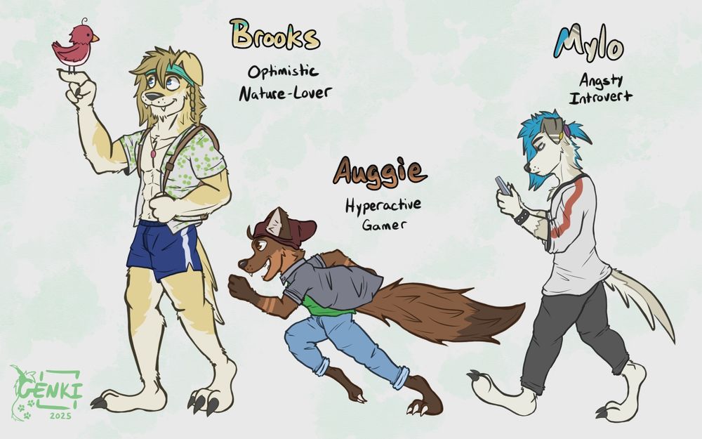 Brooks is an optimistic, if sometimes absent-minded nature lover. He is incredibly caring and nurturing, especially towards his younger brother Mylo. He's also taken Luka under his wing, in hopes he can overcome his anxiety about... everything, and will bring a snack to Quill if he's lost to his studies and forgets to eat.

Auggie is a hyperactive gamer who is always ready to yap your ear off about whatever new tech or games are out. His best friends are Zeke and Diego, and he likes to hangout with Quill whenever he's free (which is rare).

Mylo is a pretty moody and angsty introvert who likes to keep to himself. Although he won't admit it, he genuinely appreciates and cares for his older brother Brooks. He has a low tolerance for social settings, but doesn't mind Luka's company.