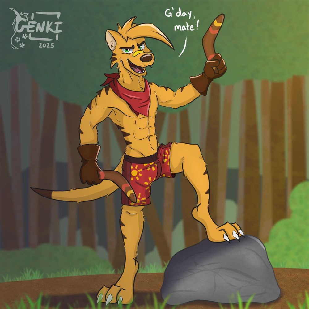 Ty (from the Ty the Tasmanian Tiger games), posing on a rock with two boomerangs.