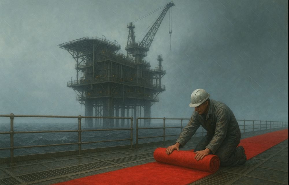Von Chat GPT generiertes Bild, das zeigt, wie ein Arbeiter vor einer Offshore-Plattform einen roten Teppich ausrollt.