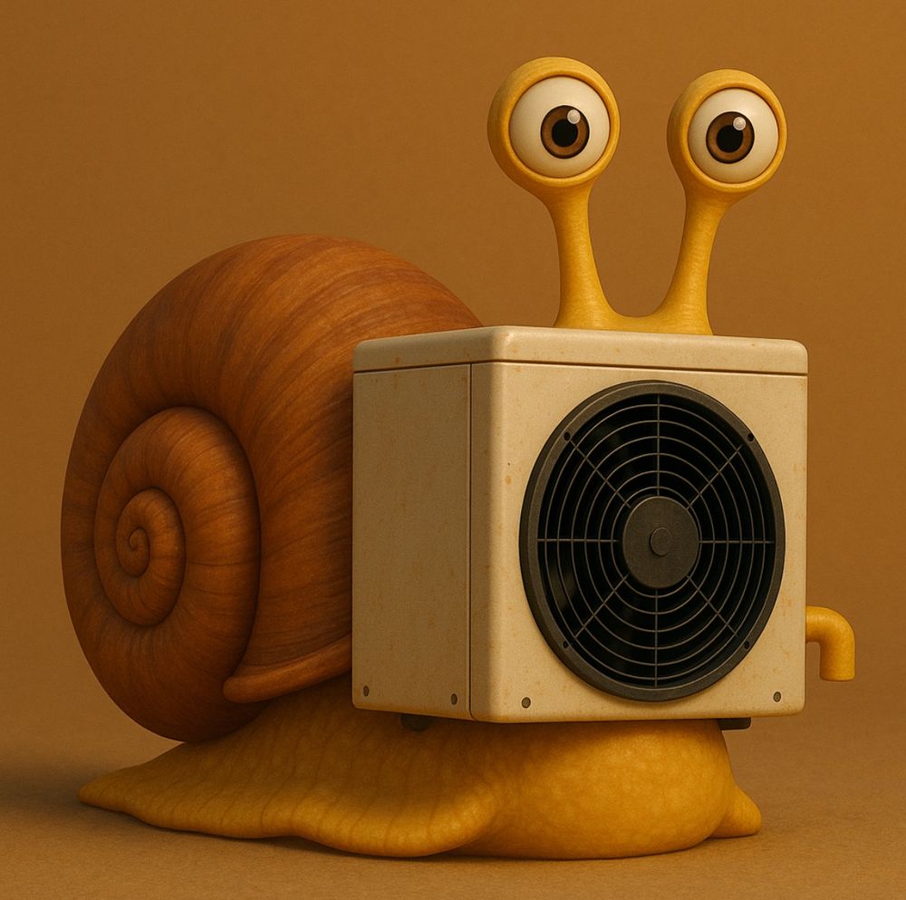 Schnecke mit Wärmepumpe als Gesicht. Erstellt mit Chat GPT.
