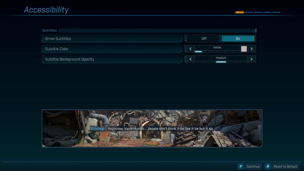 Screenshot of accessibility options in Borderlands 4, showing a sample of what a subtitle looks like. The sample text reads, "You know, Vault Hunter...people don't think it be like that but it do," directly referencing a meme that credits a made-up quote to "Black Science Man" (Neil deGrasse Tyson).