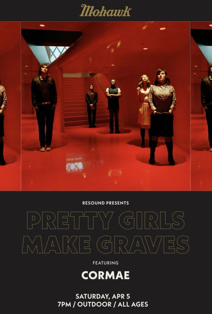 Photo of 5 people standing in a red room. Advertising the PGMG show at the Mohawk in Austin, Texas on Saturday April 5th 2025