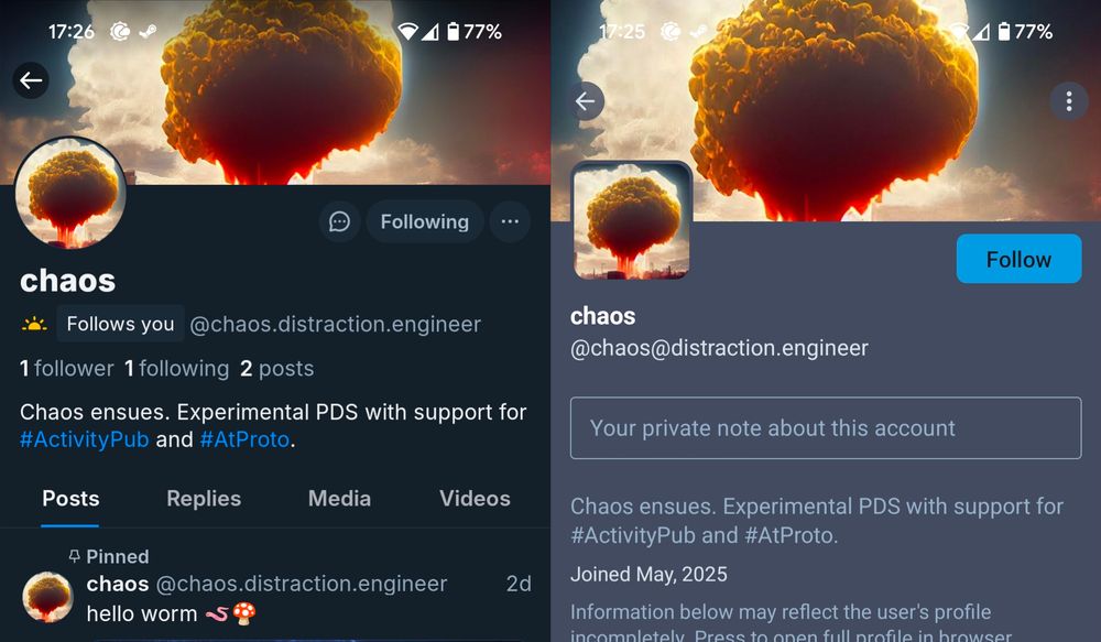 A side-by-side view of the same account from Bluesky (left) and Mastodon (right). Both screenshots show the same profile picture, header image, and identical description.

The Bluesky username shows up as @chaos.distraction.engineer, while on the Mastodon side it's @chaos@distraction.engineer.