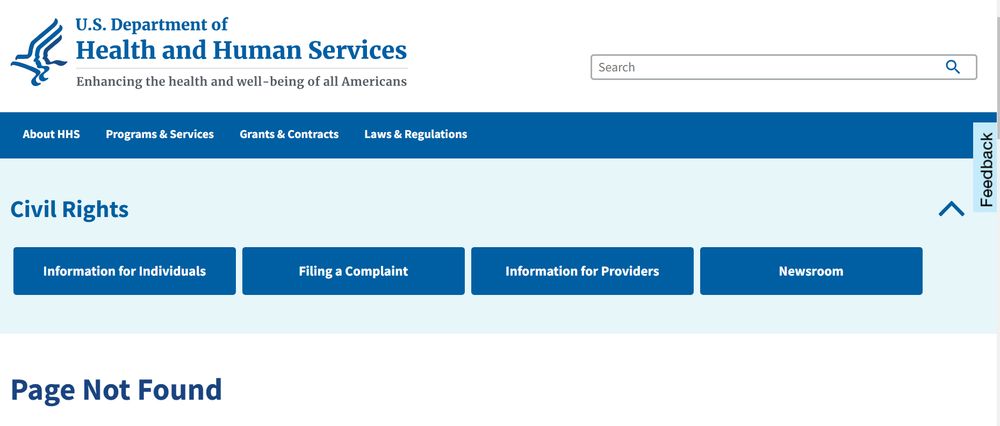 US HHS website office of civil rights page, "Page not found"