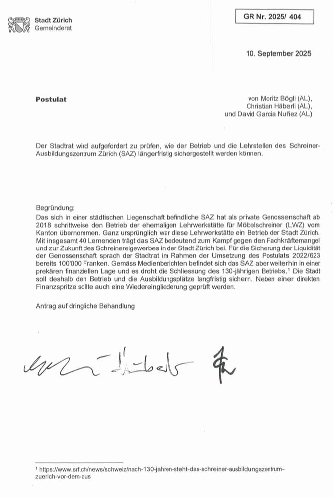 Postulatstext und Kontoverbindung für Spenden zum Schreiner Ausbildungszentrum Zürich 