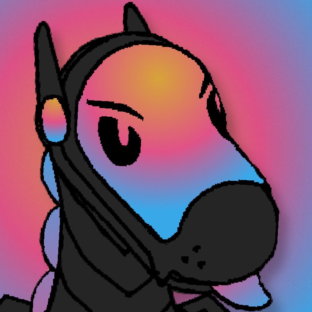 a headshot of my sona, a synth with a rising sun gradient visor, backplates