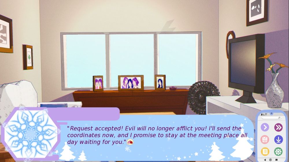 A screenshot from "Renting Love for Christmas" by Honey Bunny. It shows inside the player character's flat. A message from the chosen rent boy says: "Request accepted! Evil will no longer afflict you! I'll send the coordinates now, and I promise to stay at the meeting place all day waiting for you."