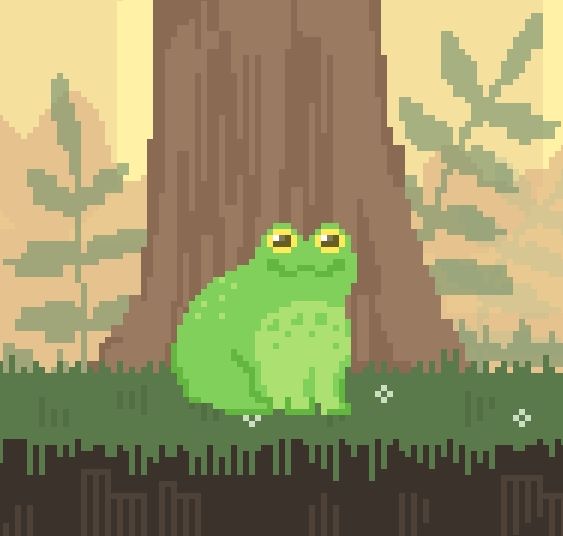 Pixel art of a smiling frog, trees and plants in the background
