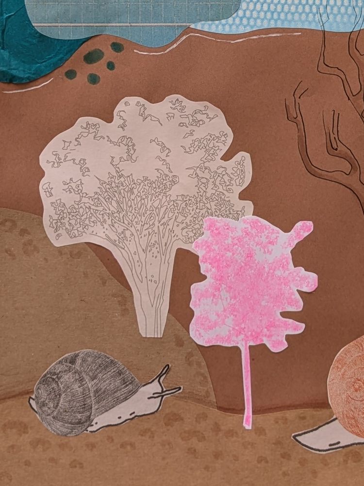 Collage of a snail on brown mountains. On the mountains are two trees. One tree is white with black outlines, the other is pink.
