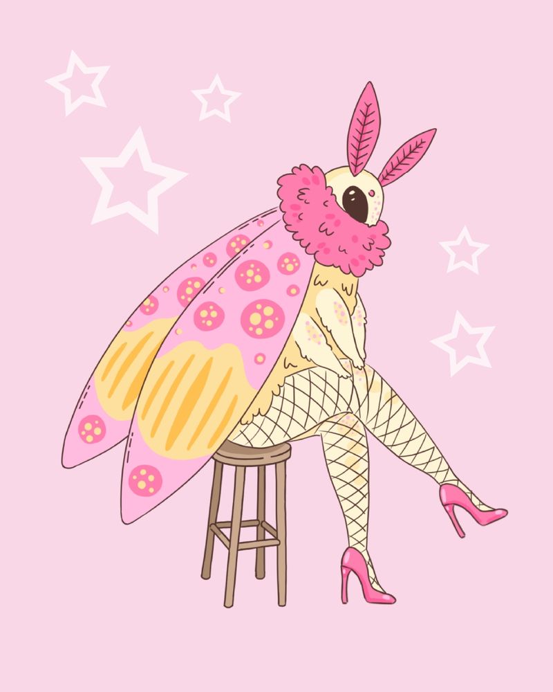 Moth llustration on a light pink background. Moth has long legs and wears heels and fishnets. Its body is yellow but wings and ears are pink. There are dotted and lined patterns on the wings. The moth is sitting on a wooden chair.