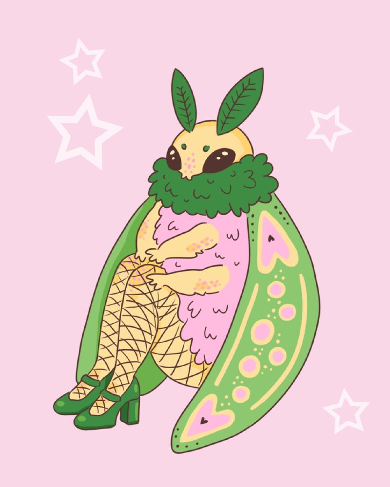 Digital illustration of a sitting moth on a light pink background. The moth has a furry punk body and yellow limbs. Its legs are long and in fishnets, its wearing green high heels. Its wings are green and have a pink and yellow pattern.