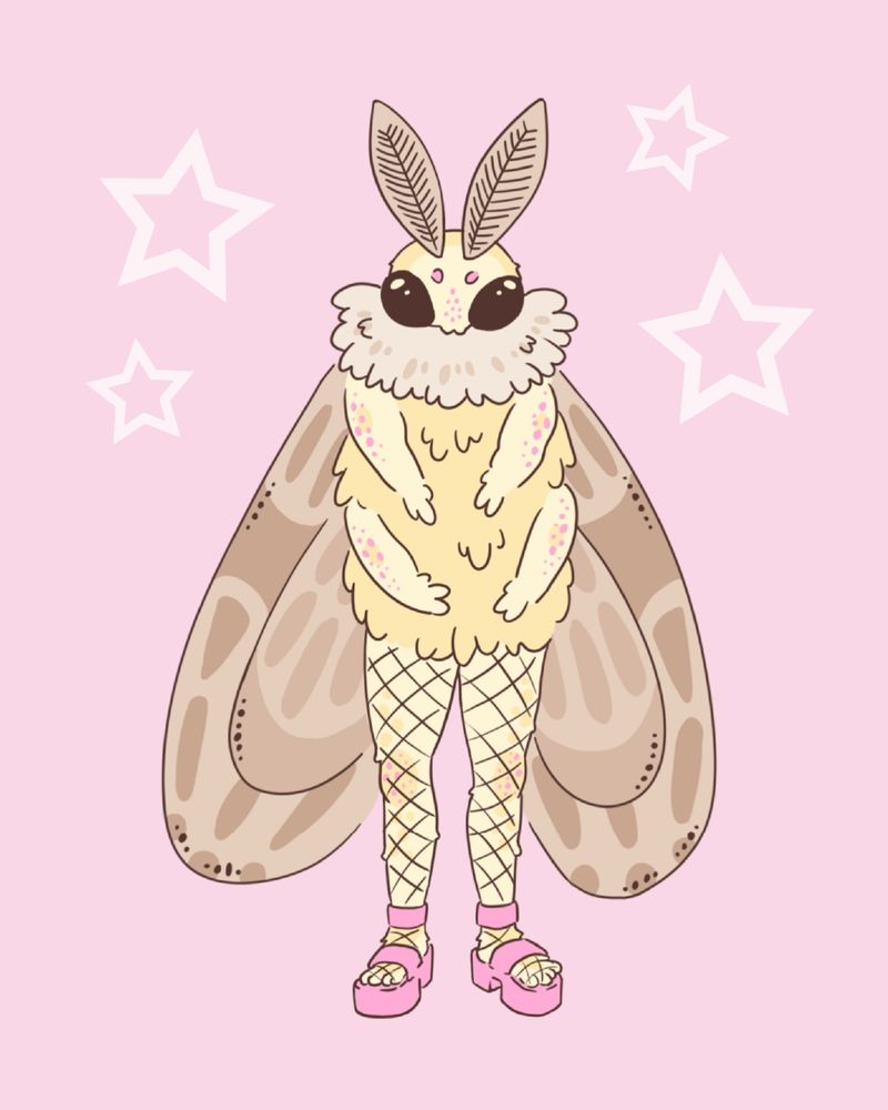 Digital drawing of a moth on a light pink background. The moth's body is yellow and furry, it has long legs in fishnets. It is wearing pink platform shoes. Its wings are light brown and have a pattern with drops.