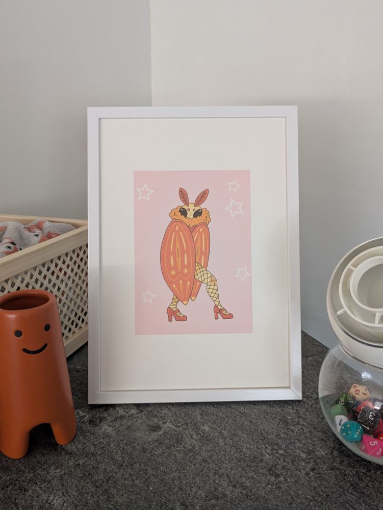 Picture of a drawing in a picture frame. In the picture is a orange moth with long legs in fishnets. It is looking at you sneakily hiding its face behind fur and wings. Its walking, one leg is in front. It has chonky heels.
