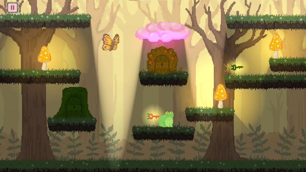 same as previous photo but more platforms and mushrooms, in a forest setting 