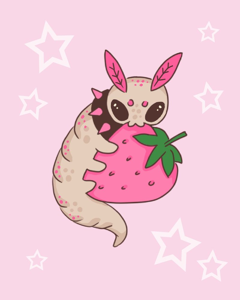 light brown worm holding a big strawberry on a pink background. The worm has a chonky choker and pink ears which match the strawberry color.
