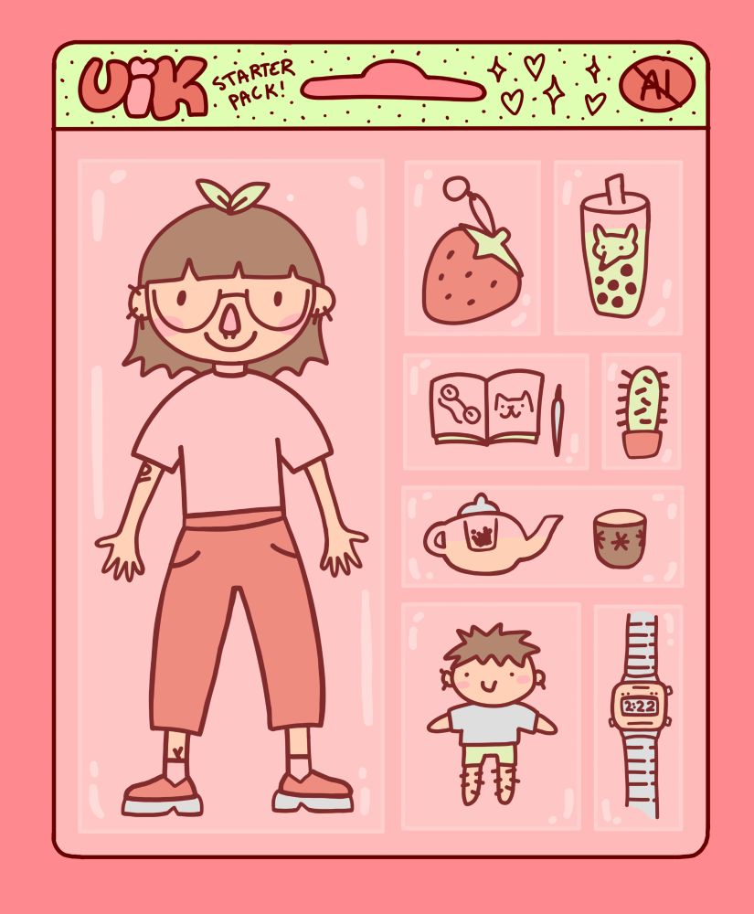 stylized digital illustration of a woman and trinkets in a doll package. The woman has shoulder lenght brown hair, she is wearing glasses. Her t-shirt is pink and pants are wide and red. In the package are a strawberry, matcha boba, sketchbook and pencil, cactus, casio watch, teacup and a teapot and a smaller doll of a dude. On the package is writen "UIK starter pack" and crossed out "AI"