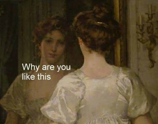 Meme of lady looking in the mirror, caption says: why are you like this