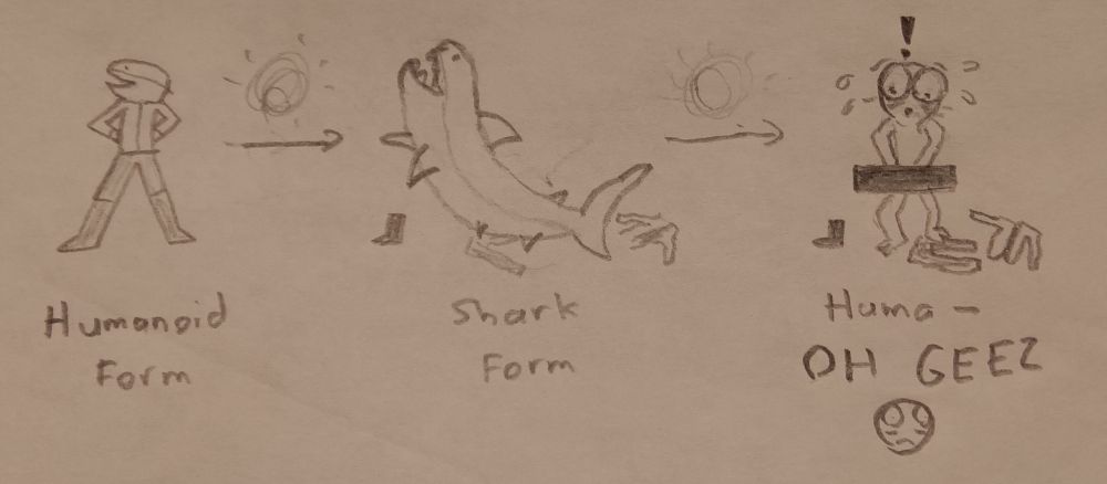 Gnathos transforms back and forth between his humanoid and shark forms, and forgets his clothes can't transform with him
