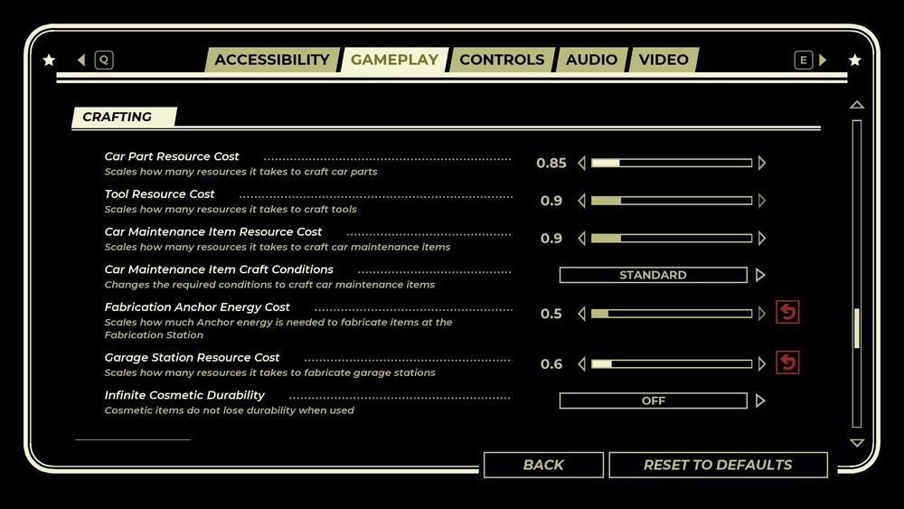 In game menu settings for Pacific Drive, showing abilities to alter crafting and research resource costs. 