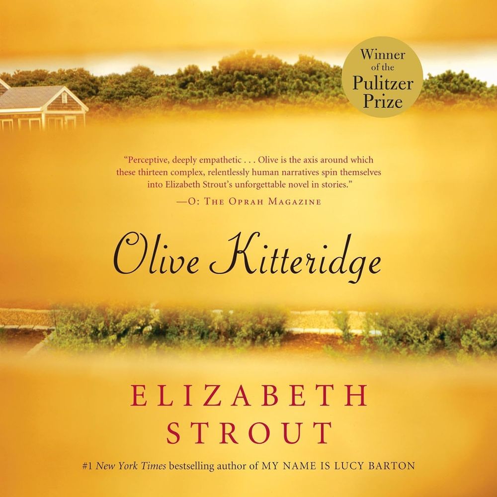 Book cover of Olive Kitteridge by Elizabeth Strout. View looking out louvered blinds to a tree lined neighborhood.