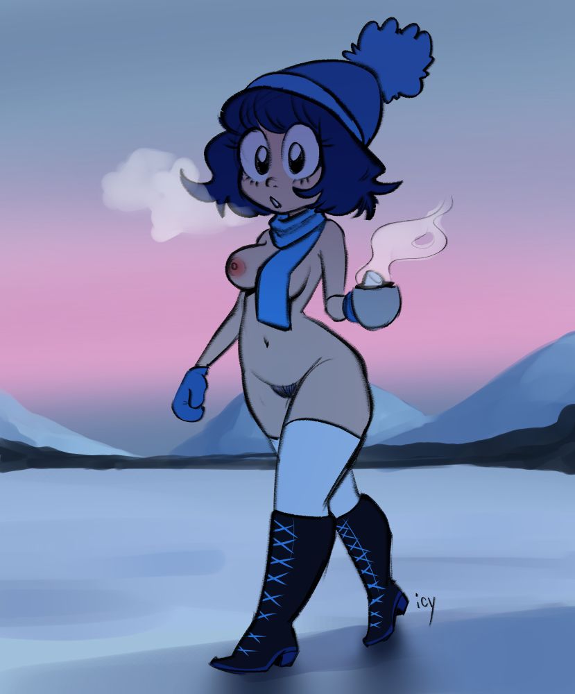 girl with her torso exposed wearing winter gear and holding a hot cocoa