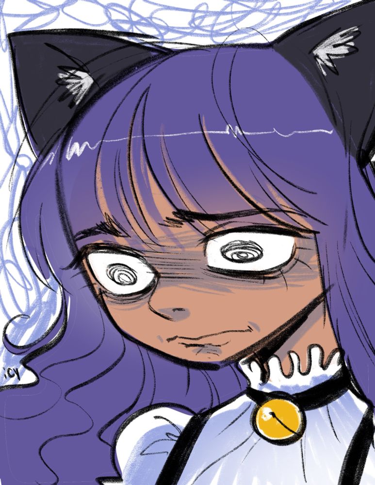 Illustration of my catgirl maid cafe OC Daniela. She is looking remarkably stressed as the world swirls around behind her