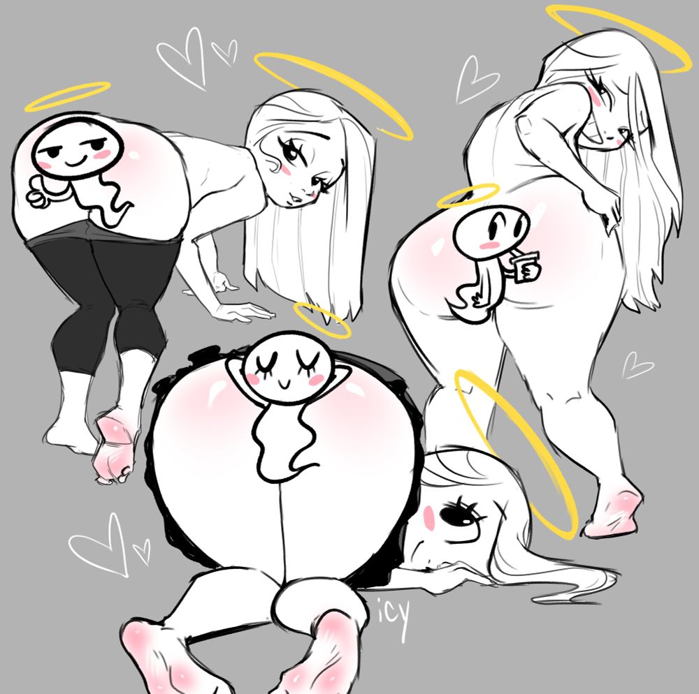 three illustrations of my nsfw sona, spicysona with her big bootycheeks on display. but not fully on display, as there is a chibi icy ghost blocking the center of all three! pledge $10 to my patreon and join the discord for access to the full pic :3 oh and the toes are also cropped off in the last drawing as a final tease
