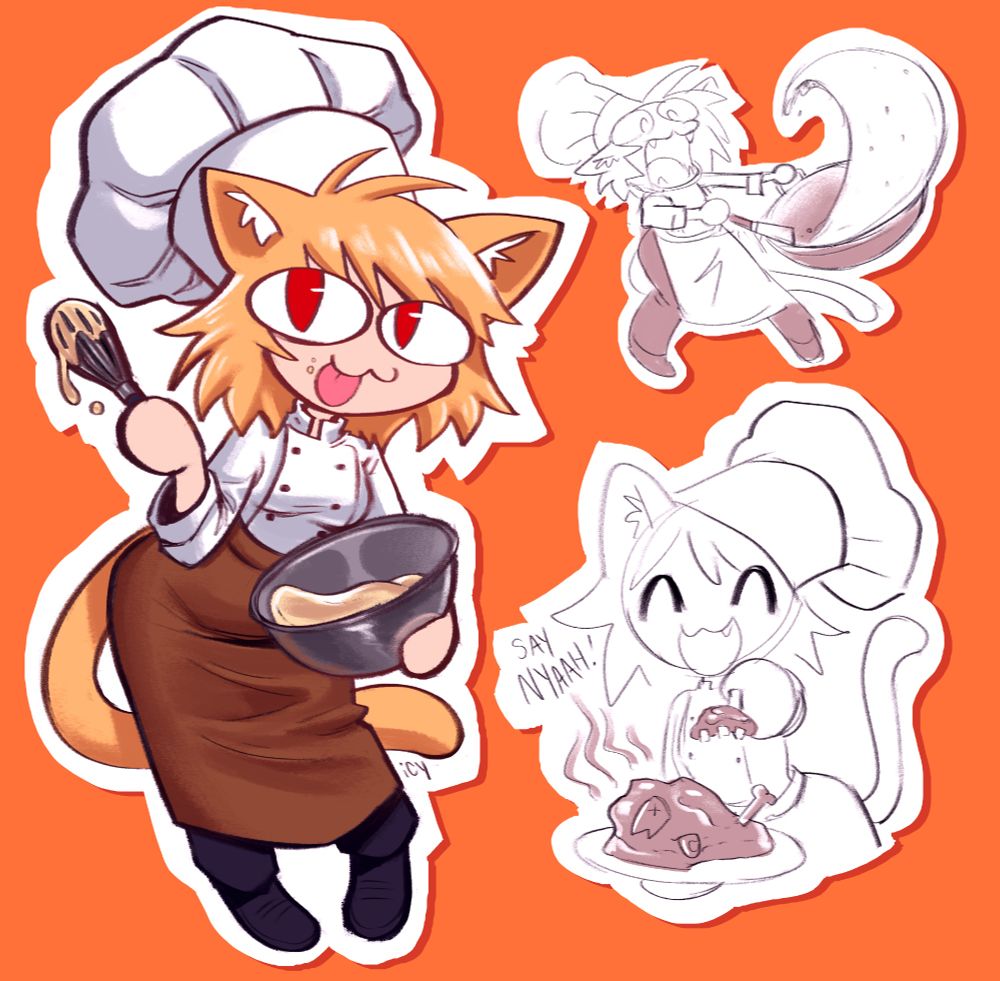 chef neco-arc mixing (and tasting) some batter in a mixing bowl, creating a huge wave of fried rice in a wok, and asking you to 'say nyaah' while feeding you an anime-wife level horrible meal