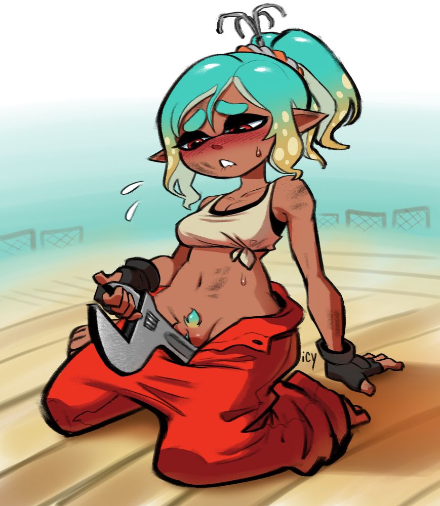 inkling from the new splatoon game, splatoon raiders, sticking her giant wrench down her pants and desperately riding it