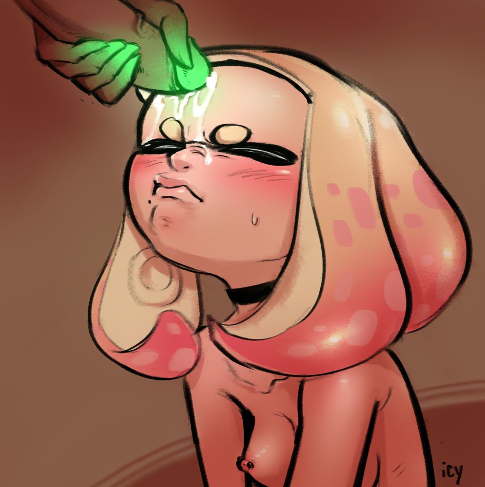 pearlina splorn! nsfw art of marina rubbing her glowing-green dick on pearl's forehead, designing a pattern in cum while pearl squints up her whole face