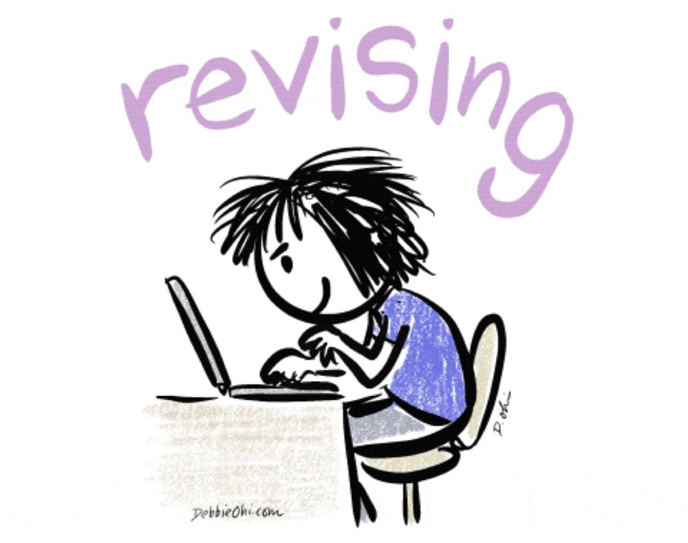 a cartoon of a girl using a laptop with the word revising written above her