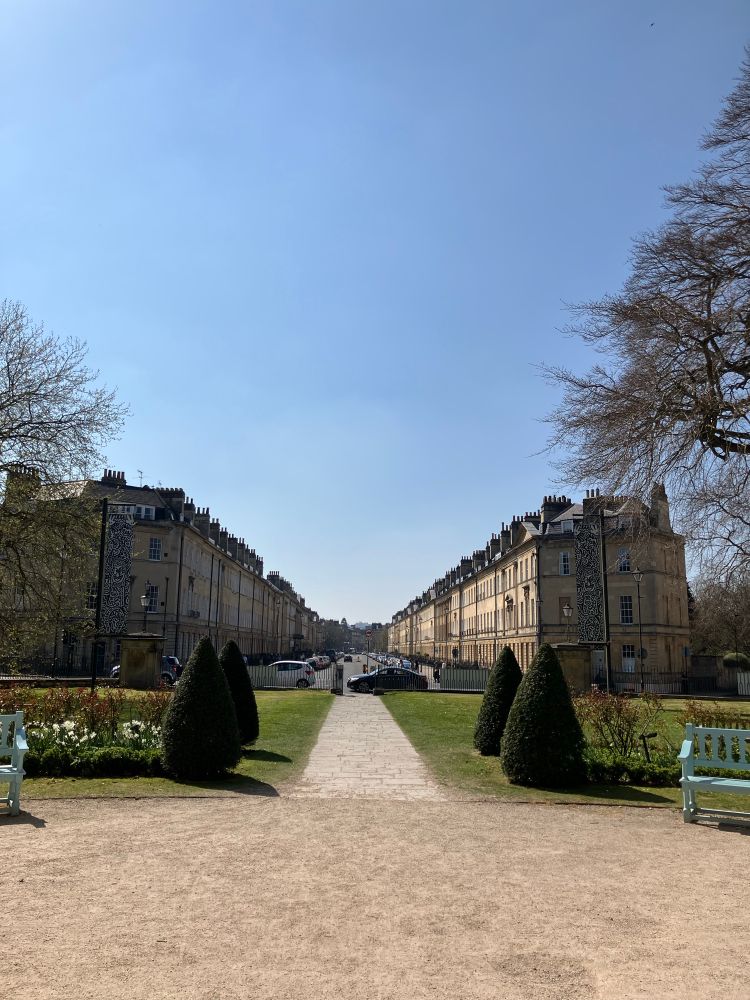 The view as you come out of the Holburne Museum. A very neat garden with a lovely Georgian street beyond it.