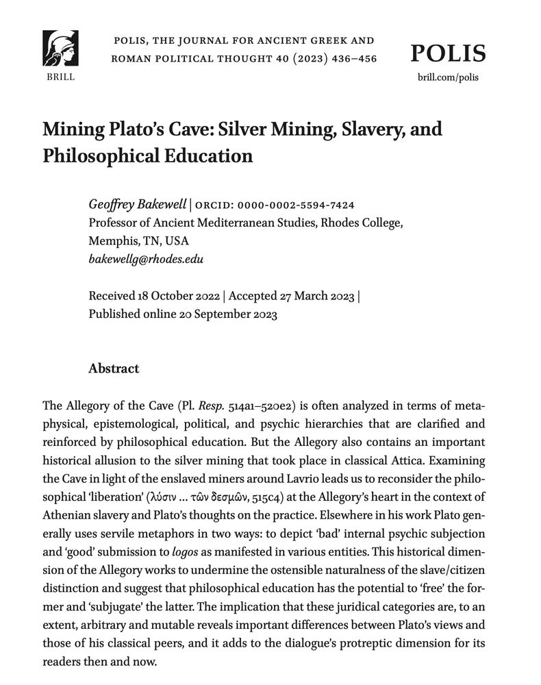 Bakewell, "Mining Plato's cave: silver mining, slavery, and philosophical education," Polis 2023